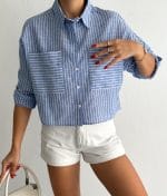 casual cropped striped cotton shirt dual pocket detail