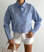 relaxed fit cropped cotton shirt striped pattern design