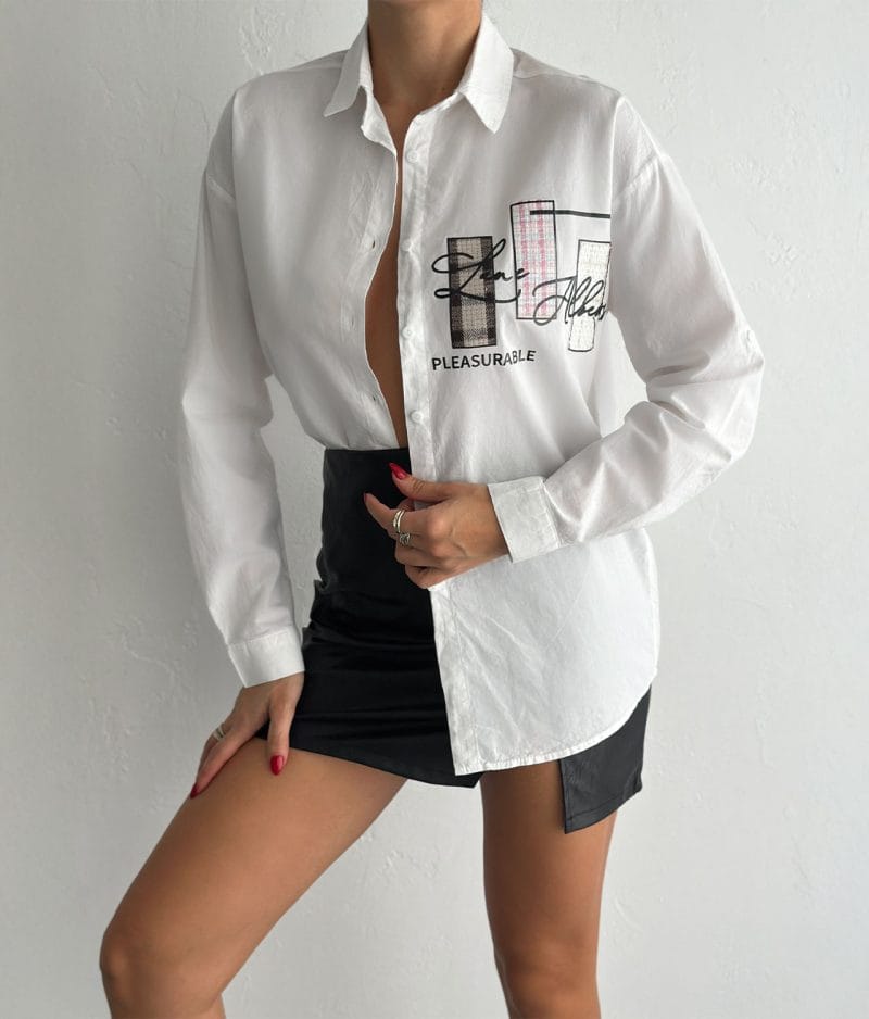 button down cotton shirt with graphic patch front detail