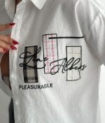 breathable cotton shirt graphic patch close up detail