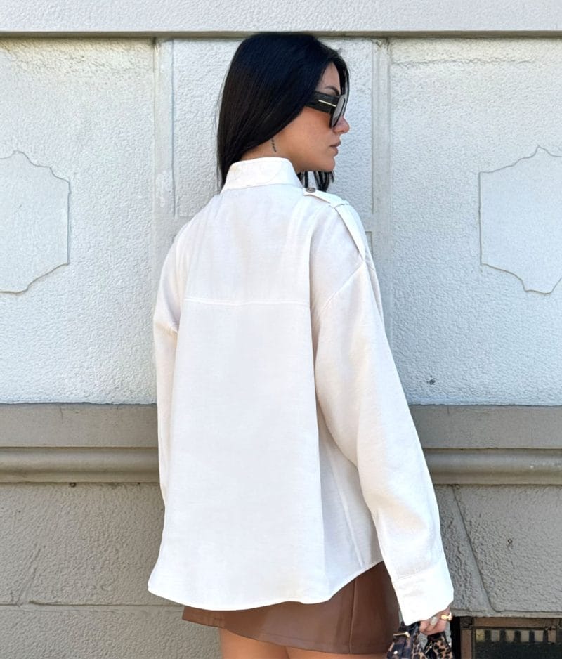 structured stand collar shirt side view
