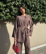 tunic pants set belted long sleeve tunic front view