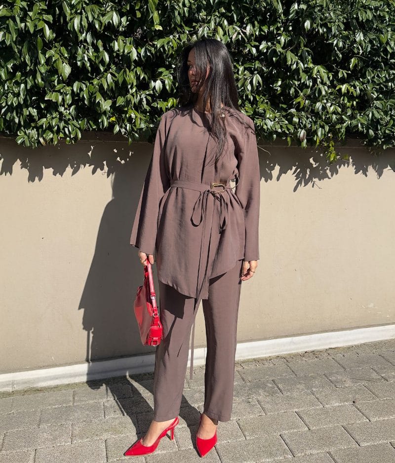 belted tunic set wide leg pants relaxed fit