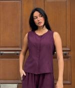 two piece sleeveless outfit set wide leg pants
