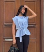 draped sleeveless blouse waist tie front view