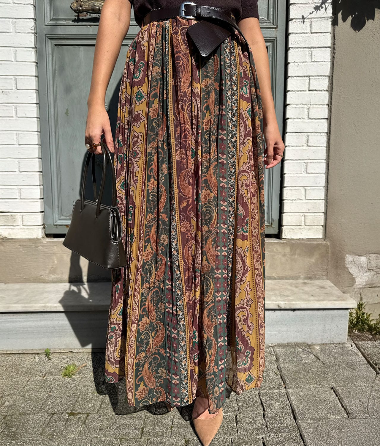 flowy printed maxi skirt handkerchief hem style