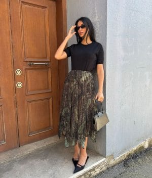 paisley pleated skirt with handkerchief hem