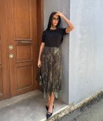 4710-Paisley Print Pleated Handkerchief Hem Skirt-Green-3 handkerchief hem patterned skirt detail view