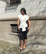 v neck belted wrap blouse detail