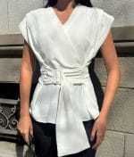 wrap blouse waist belt close-up
