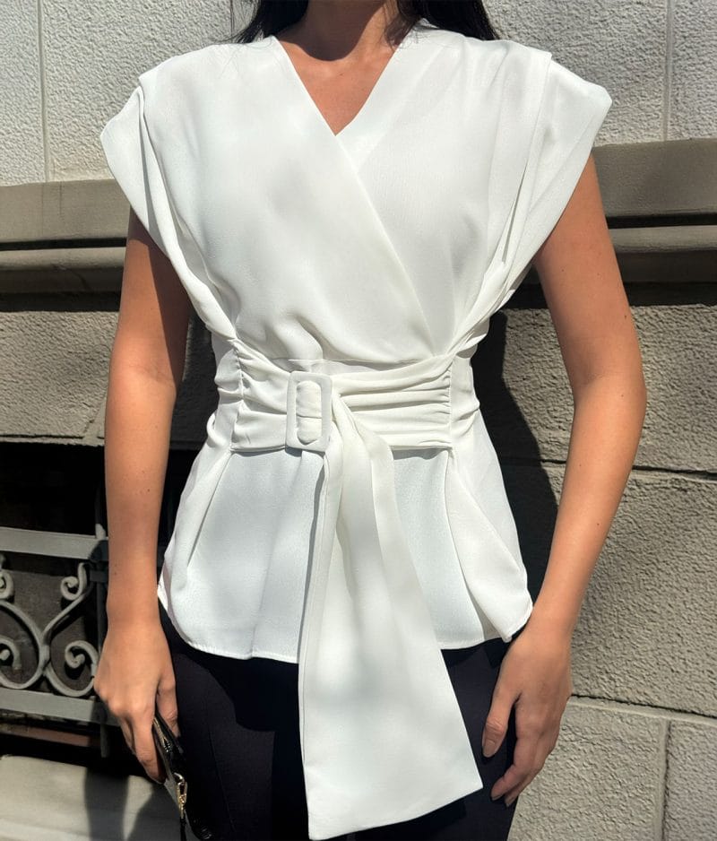 wrap blouse waist belt close-up