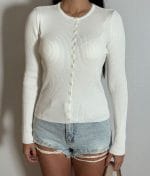 button front ribbed knit top detail