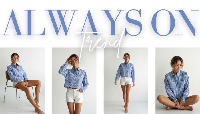 Spring Summer 2026 wholesale women fashion collection banner with gingham blouse and trend concept