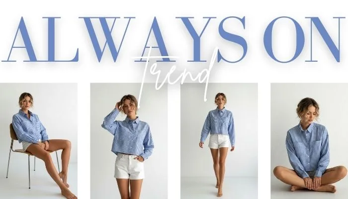 Spring Summer 2026 wholesale women fashion collection banner with gingham blouse and trend concept
