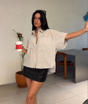 Striped pocket oversized shirt front view