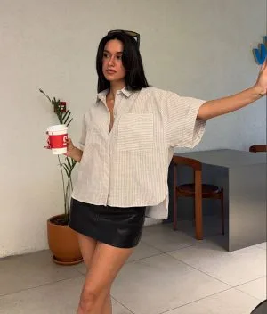 Striped pocket oversized shirt front view
