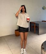 Beige striped short sleeve shirt detail