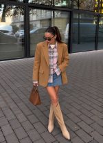 1201-Oversized Plaid Flannel Shirt-Pink-3 Plaid flannel shirt layered under blazer