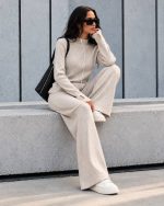 3801-Ribbed Mock Neck Knit Top and Wide Leg Pants Set-Beige-2 Beige mock neck knit top and wide leg pants