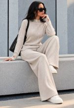 3801-Ribbed Mock Neck Knit Top and Wide Leg Pants Set-Beige-3 Ribbed knit two piece set seated look