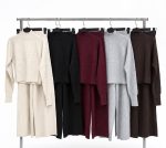 3801-Ribbed Mock Neck Knit Top and Wide Leg Pants Set-Black-4 Ribbed knit set colour options