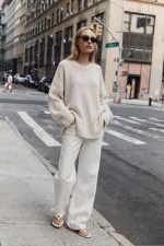 6206-Oversized Crew Neck Knit Sweater-Cream-1 Oversized crew neck knit sweater front view