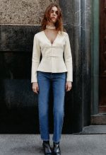 6602-Frog Closure V-Neck Peplum Knit Cardigan-Off White-2 Off white V-neck cardigan with frog closures