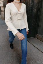 6602-Frog Closure V-Neck Peplum Knit Cardigan-Off White-3 Frog closure peplum cardigan detail