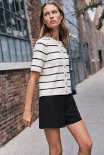 6608-Striped Short Sleeve Button Knit Top-White-Black-3 White and black striped button knit top
