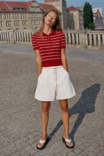 6610-Striped Short Sleeve Knit Polo Top-Red-2 Red striped short sleeve knit polo