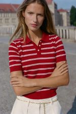 6610-Striped Short Sleeve Knit Polo Top-Red-3 Striped knit polo top close up