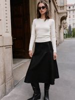6611-Ribbed Crew Neck Long Sleeve Knit Top-Off White-1 Ribbed crew neck knit top front view