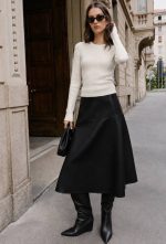 6611-Ribbed Crew Neck Long Sleeve Knit Top-Off White-3 Ribbed knit top styled with midi skirt