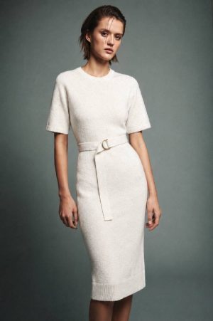 Belted knit midi dress front view