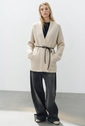 Belted wrap knit cardigan front view