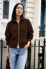 7234-Chunky Ribbed Zip Up Knit Cardigan-Brown-1 Chunky ribbed zip up cardigan front view