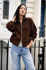 7234-Chunky Ribbed Zip Up Knit Cardigan-Brown-3 Chunky ribbed zip up cardigan street style