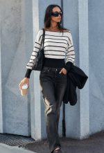 7236-Striped Boat Neck Contrast Trim Knit Sweater-Off White-Black-2 Black striped boat neck knit sweater street look