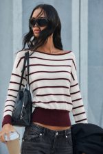7236-Striped Boat Neck Contrast Trim Knit Sweater-Off White-Burgundy-1 Striped boat neck knit sweater front view
