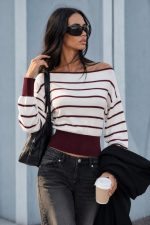 7236-Striped Boat Neck Contrast Trim Knit Sweater-Off White-Burgundy-3 Burgundy striped knit sweater with contrast cuffs