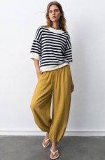 Striped short sleeve knit sweater front view