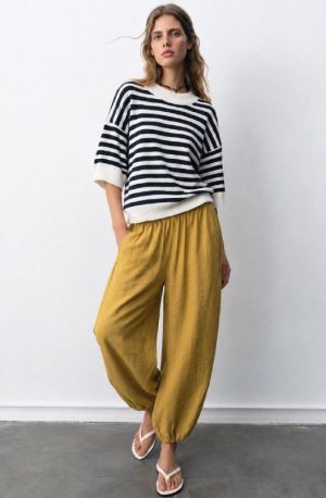 Striped short sleeve knit sweater front view