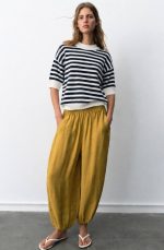 Striped knit sweater with contrast crew neck