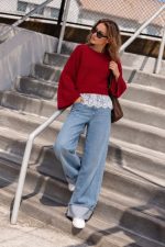 7239-Lace Hem Oversized Knit Sweater-Red-1 Lace hem knit sweater front view