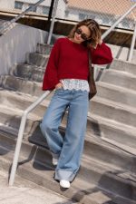 7239-Lace Hem Oversized Knit Sweater-Red-2 Red oversized knit sweater with lace hem
