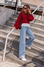 7239-Lace Hem Oversized Knit Sweater-Red-3 Lace hem knit sweater styled with jeans