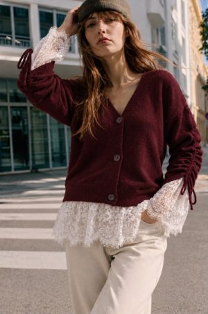 Lace trim knit cardigan front view