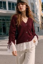 Burgundy knit cardigan with lace hem