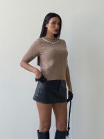 75188-Embellished Neck Short Sleeve Knit Sweater-Taupe-1 Embellished neck knit sweater front view