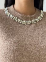 75188-Embellished Neck Short Sleeve Knit Sweater-Taupe-2 Jewelled neckline detail on short sleeve knit sweater